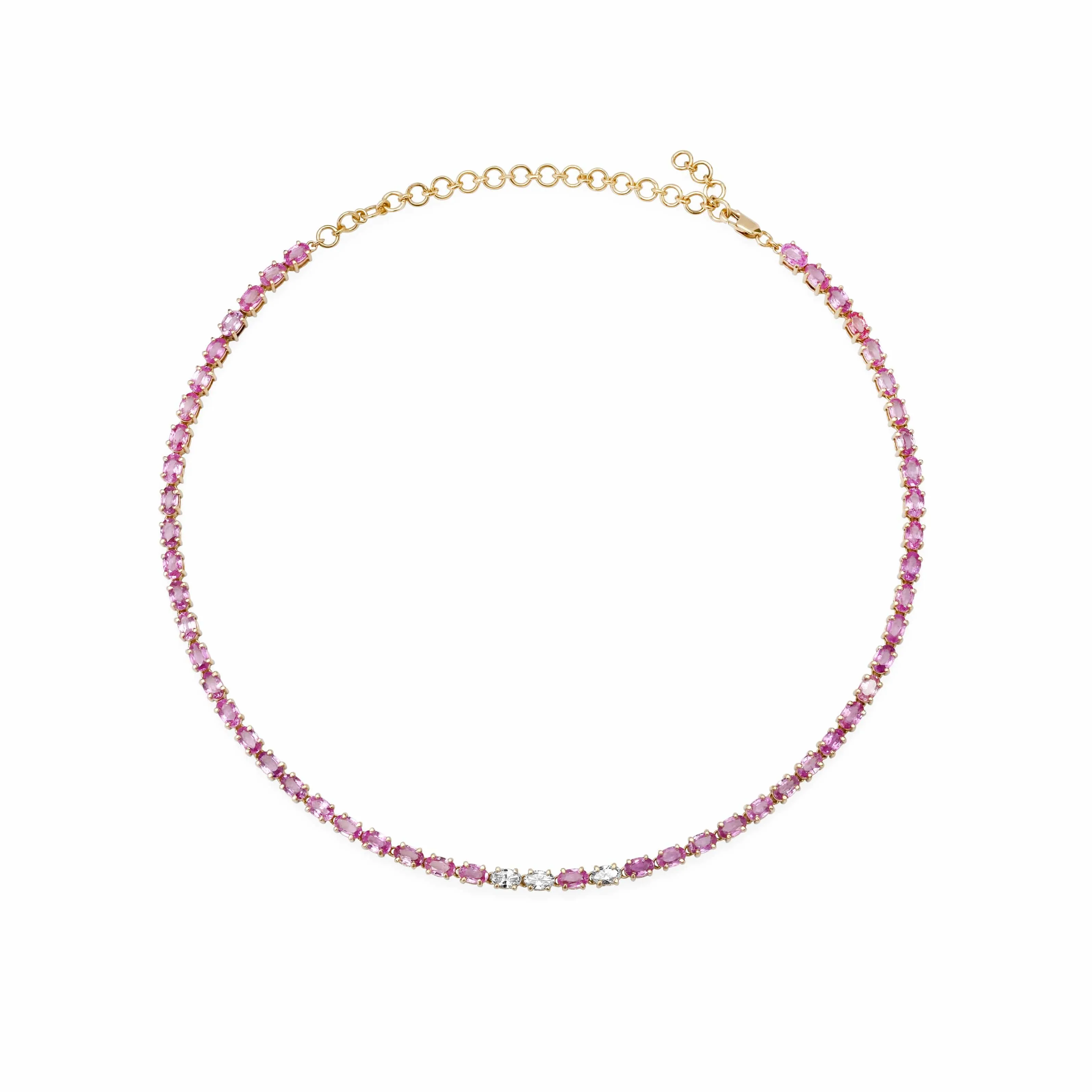 14K & 18K Gold East West Oval Cut Pink Sapphire & Diamond Necklace