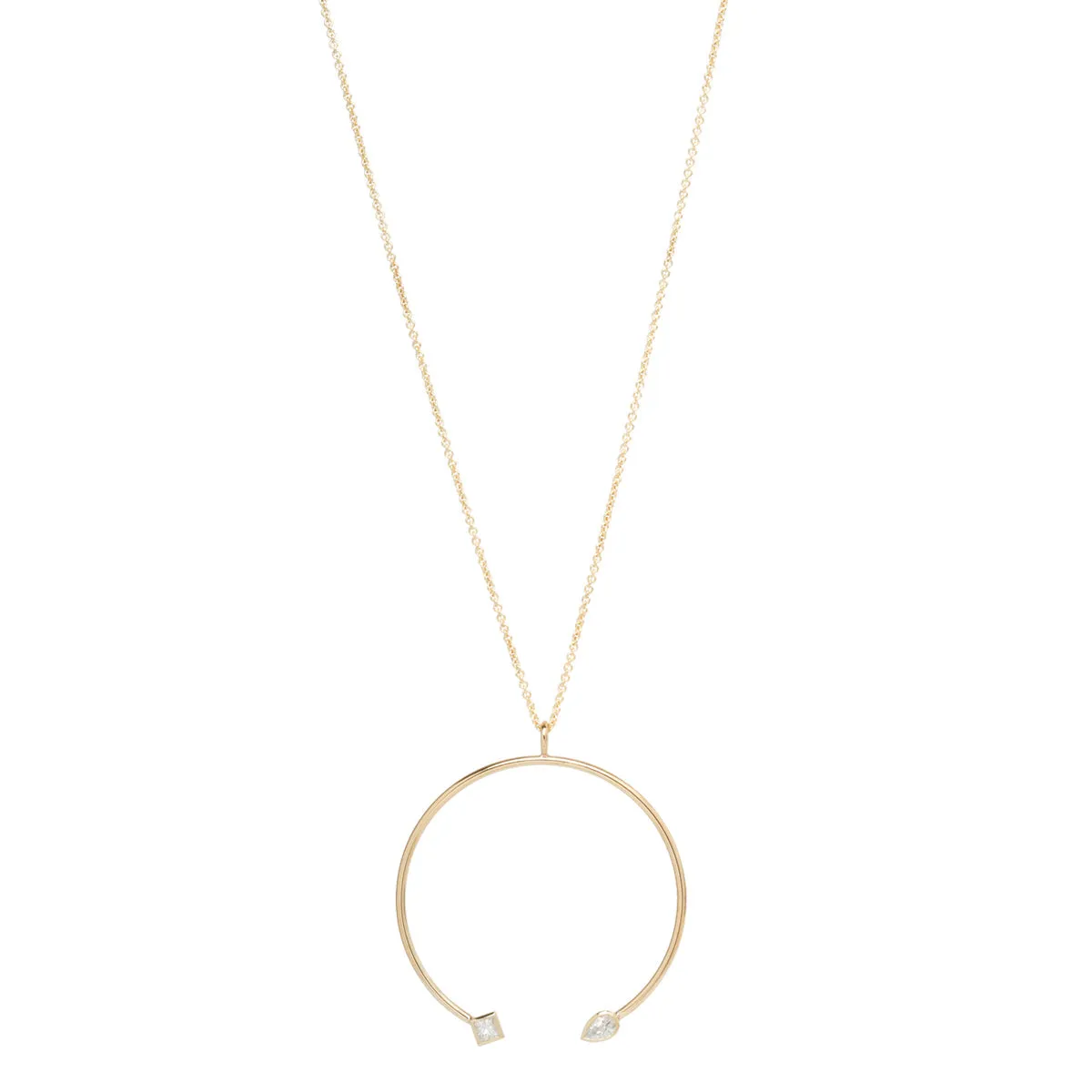 14k Large Open Circle Pendant Necklace with Pear & Princess Diamond - SALE