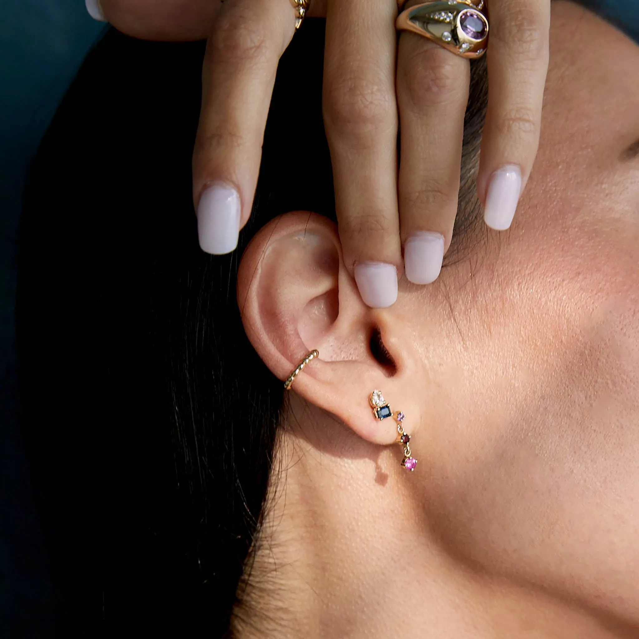 14k Pear Diamond & Emerald Cut Blue Sapphire Studs