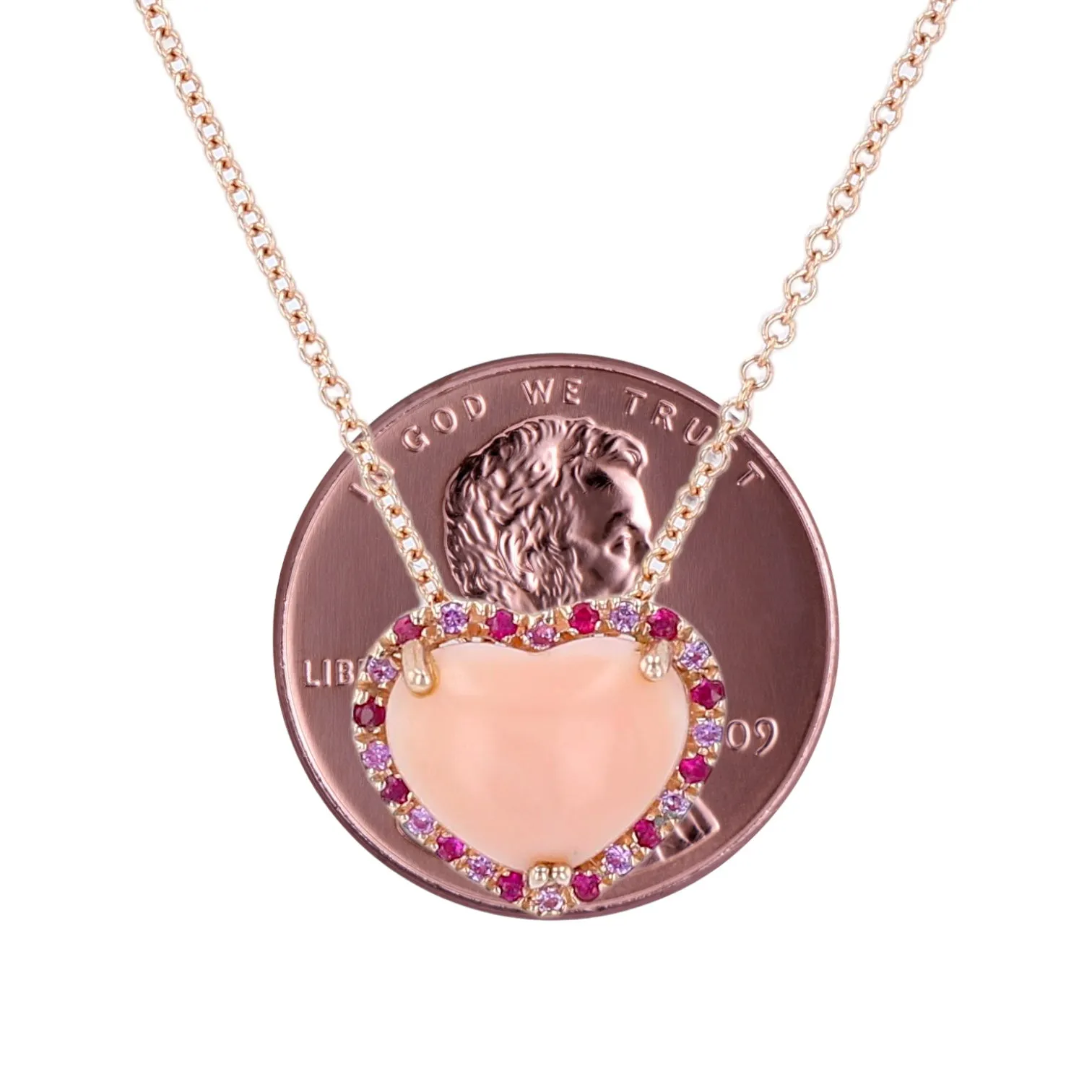 14K Pink gold multicolor gemstone heart necklace-12355