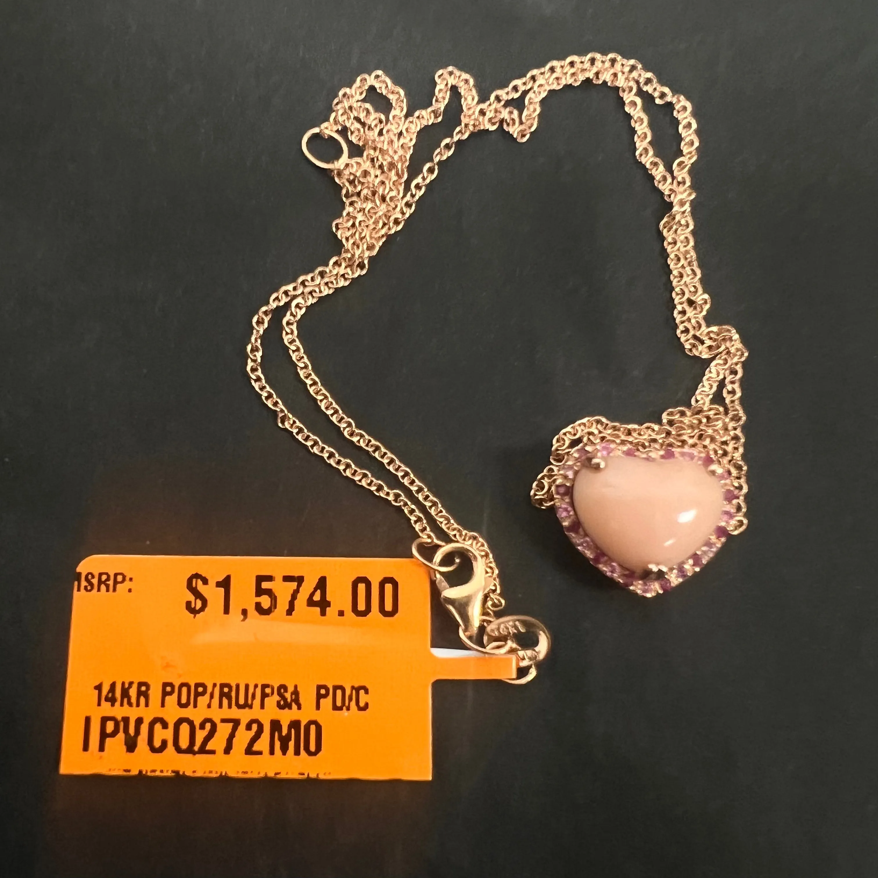 14K Pink gold multicolor gemstone heart necklace-12355