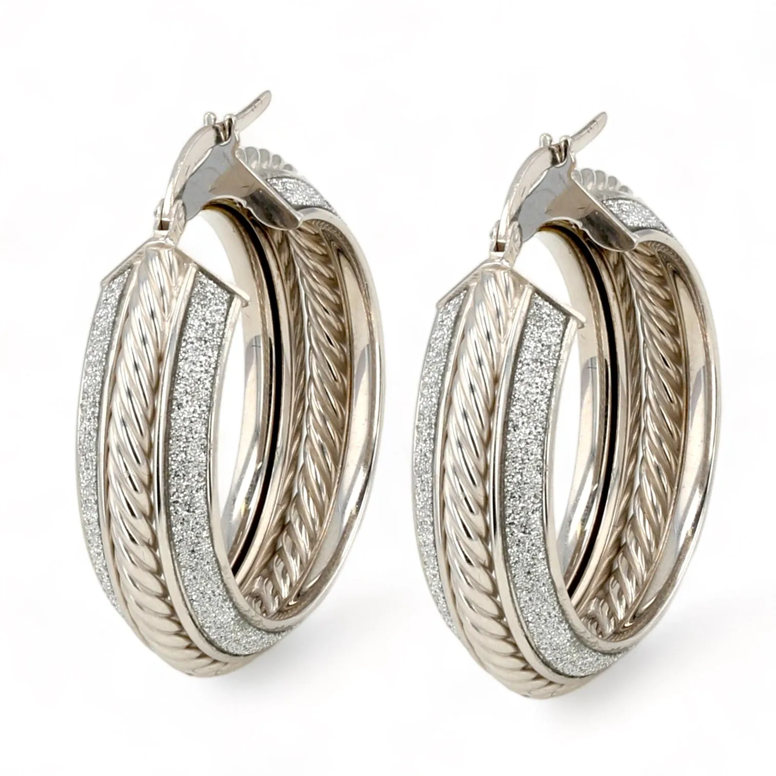 14k White gold glitter diamonds rope high end Hoops-226636