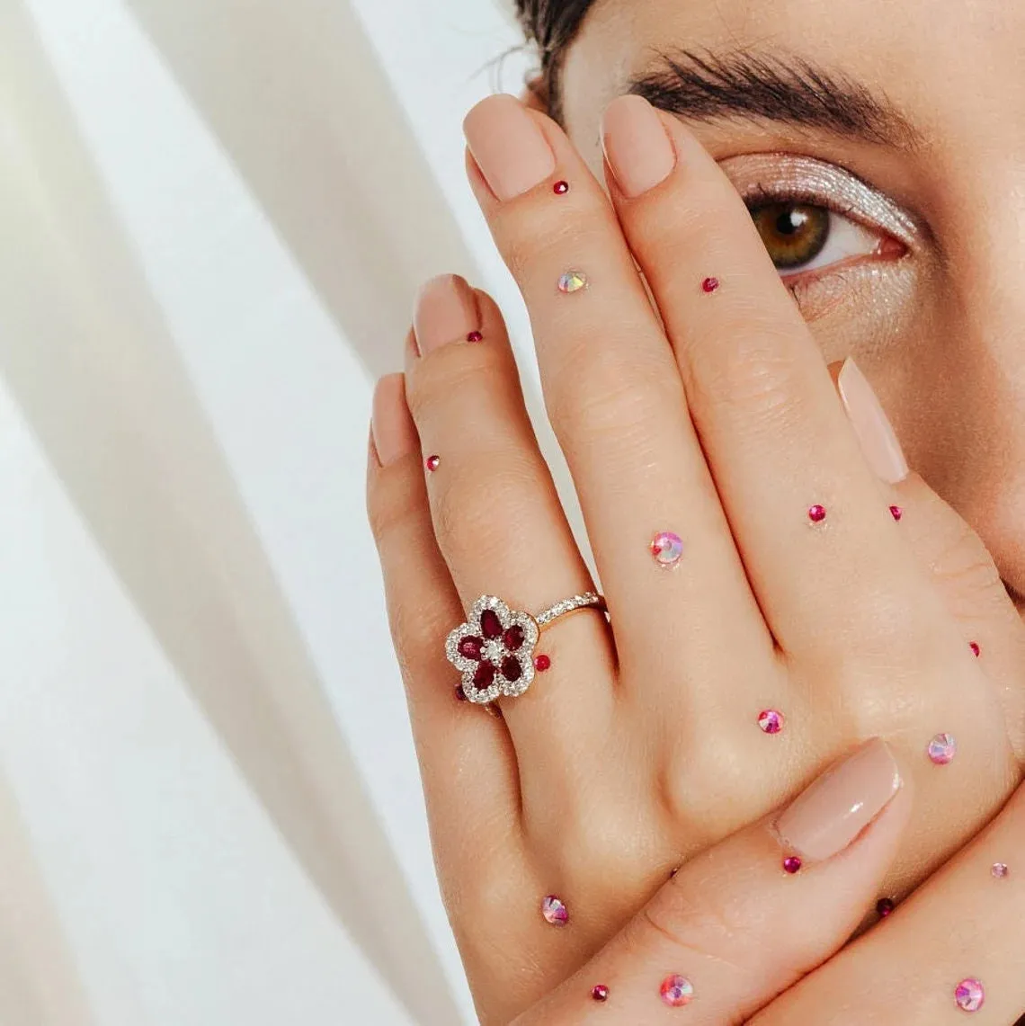 18K Gold Ruby Cherry Blossom Flower Ring