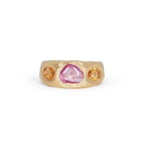 18K Three Stone Ring in Pink and Orange Sapphire