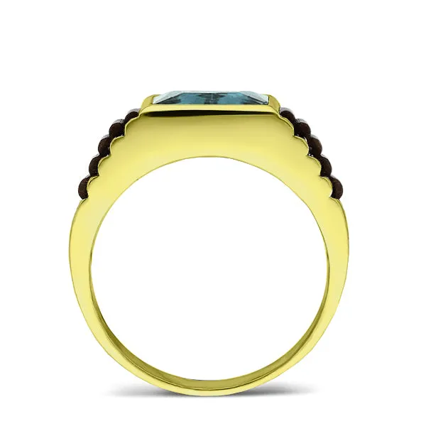 18k Yellow Gold Modern Mens Ring Blue Topaz Gemstone Band Ring for Men