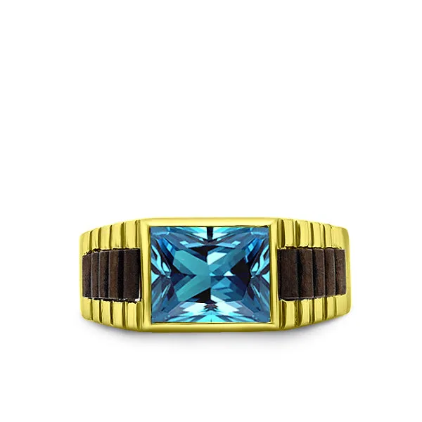 18k Yellow Gold Modern Mens Ring Blue Topaz Gemstone Band Ring for Men