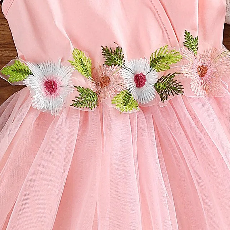 2023 Summer Girls' Princess Wind Mesh Flower Embroidery Suspender Dress Baby Girl Dress Dress