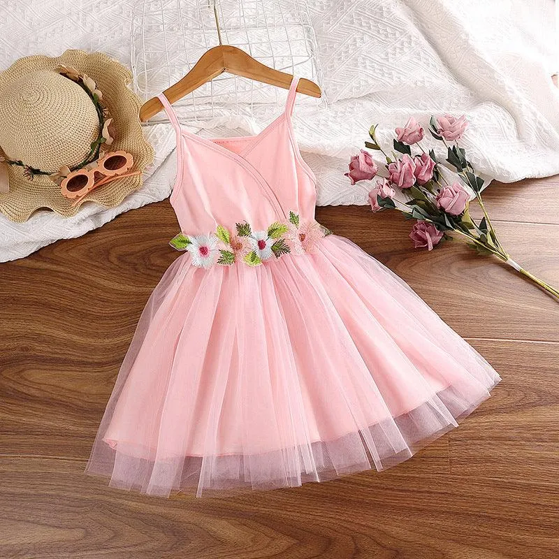 2023 Summer Girls' Princess Wind Mesh Flower Embroidery Suspender Dress Baby Girl Dress Dress