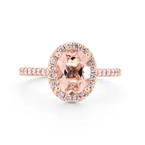 2.02tw Oval Morganite   Diamond Engagement Ring, Halo, Pavê Band - 14K Rose Gold