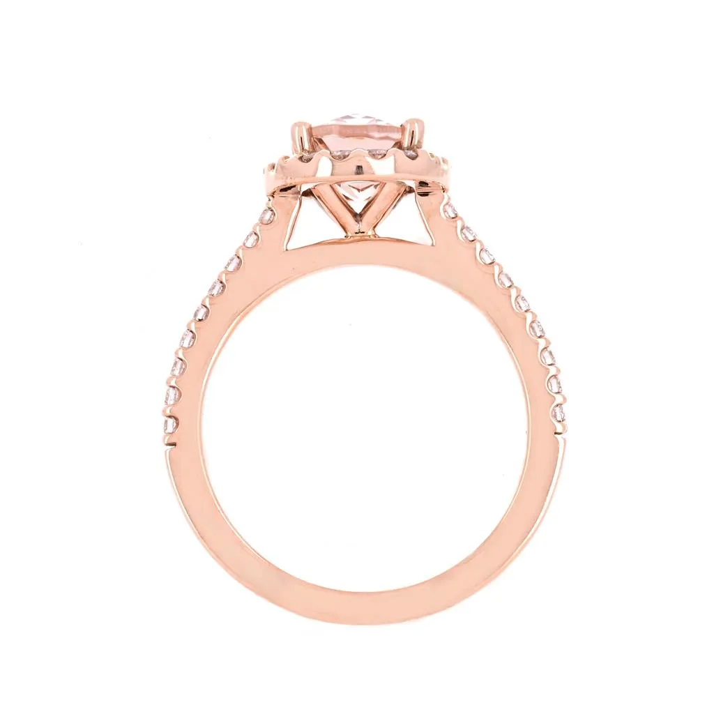 2.02tw Oval Morganite   Diamond Engagement Ring, Halo, Pavê Band - 14K Rose Gold