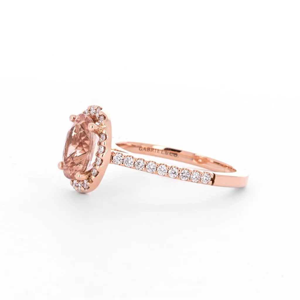 2.02tw Oval Morganite   Diamond Engagement Ring, Halo, Pavê Band - 14K Rose Gold