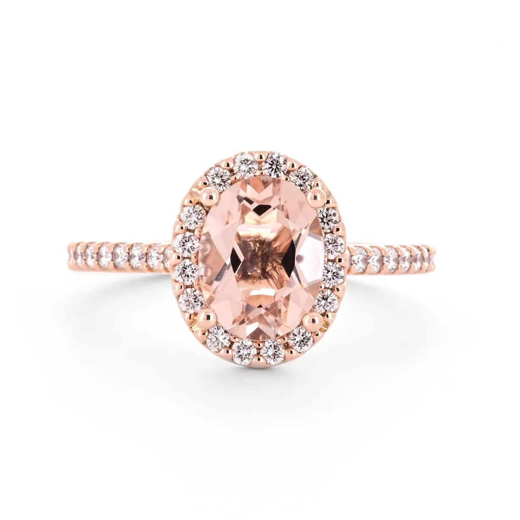 2.02tw Oval Morganite   Diamond Engagement Ring, Halo, Pavê Band - 14K Rose Gold