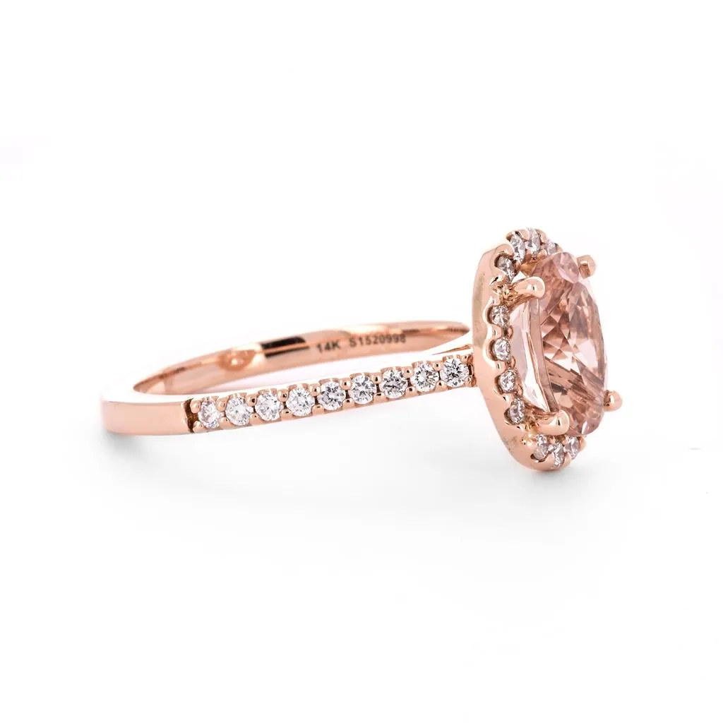 2.02tw Oval Morganite   Diamond Engagement Ring, Halo, Pavê Band - 14K Rose Gold