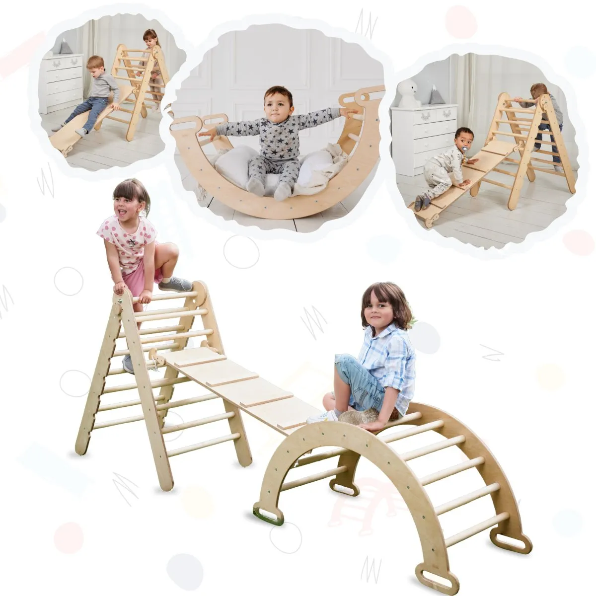 3-in-1 Montessori Climbing Set: Triangle Ladder   Wooden Arch   Slide Board