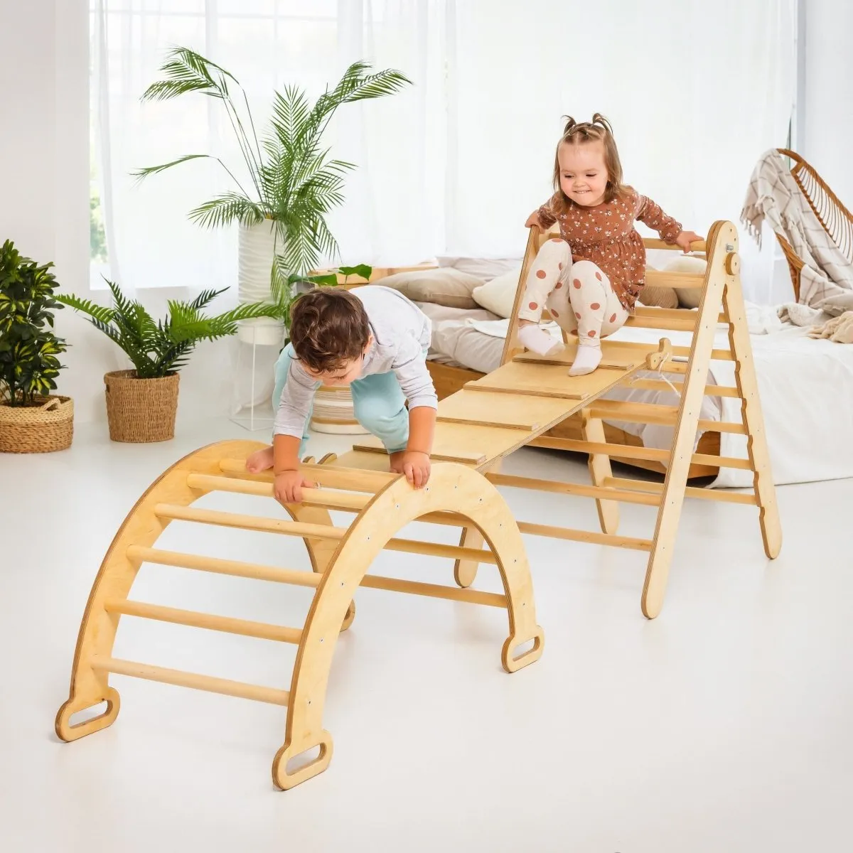 3-in-1 Montessori Climbing Set: Triangle Ladder   Wooden Arch   Slide Board