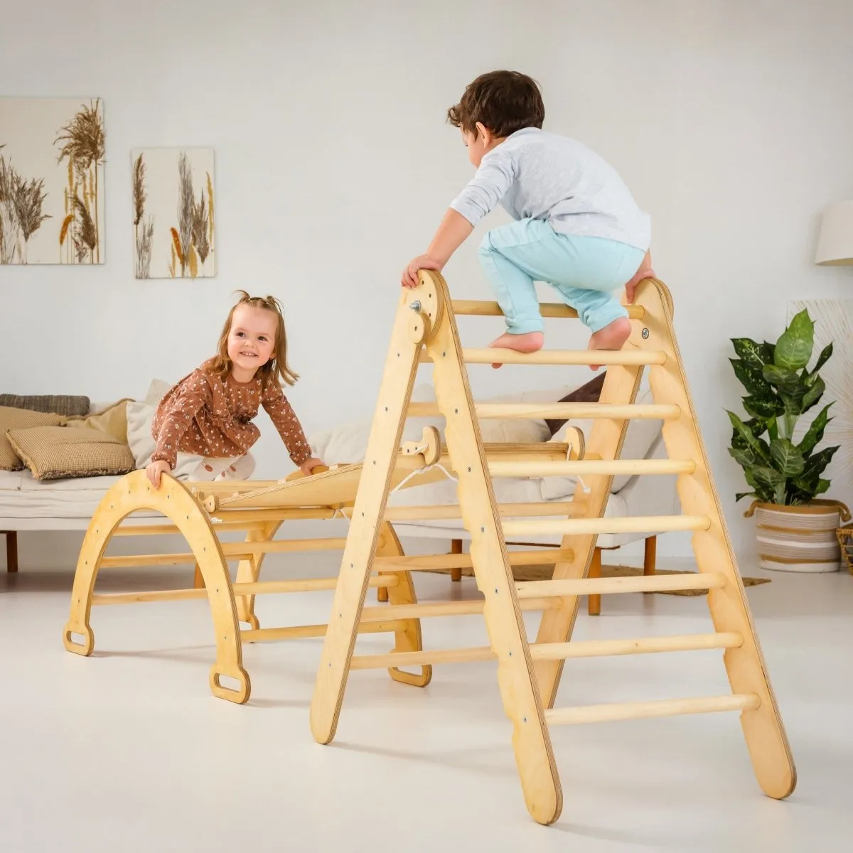 3-in-1 Montessori Climbing Set: Triangle Ladder   Wooden Arch   Slide Board