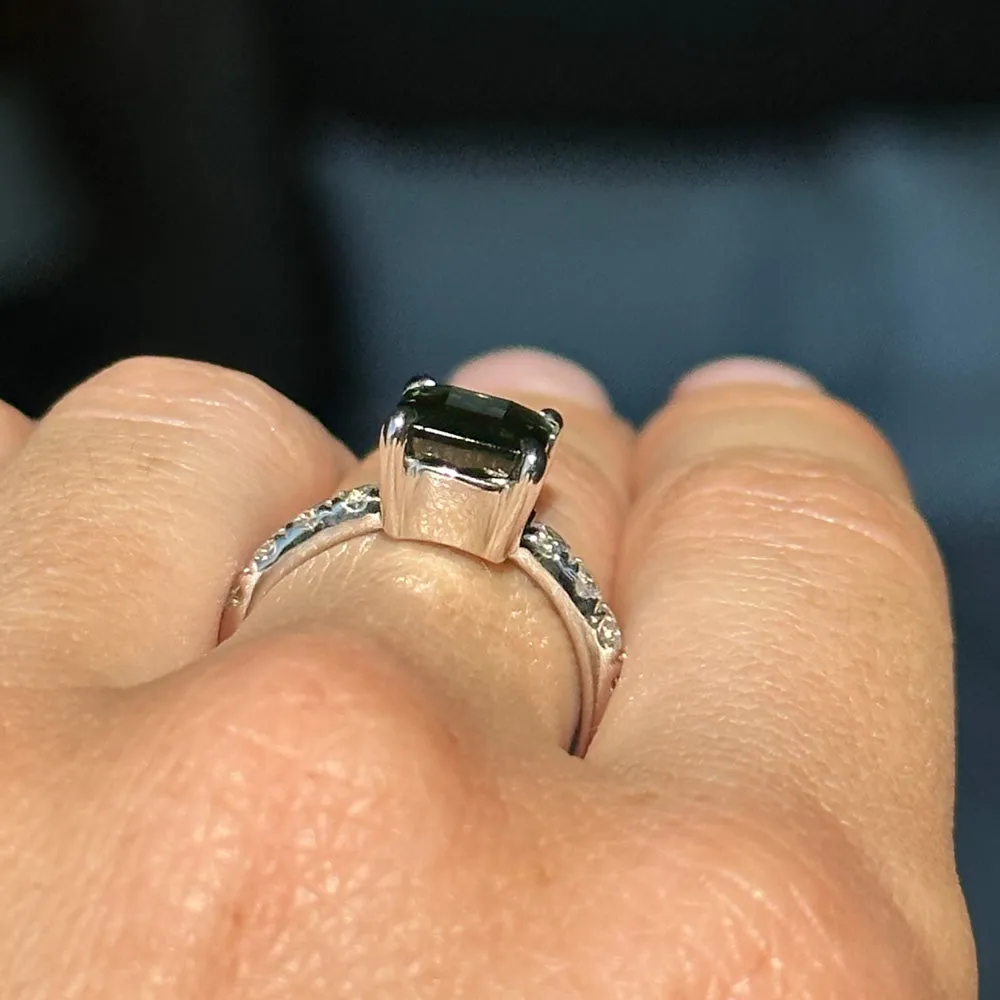 4.26ct Madagascar Radiant Cut Green Sapphire Solitaire Ring with French Set Diamonds in 18k White Gold