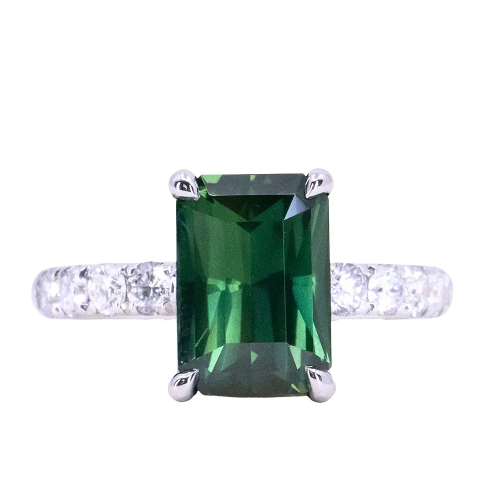 4.26ct Madagascar Radiant Cut Green Sapphire Solitaire Ring with French Set Diamonds in 18k White Gold