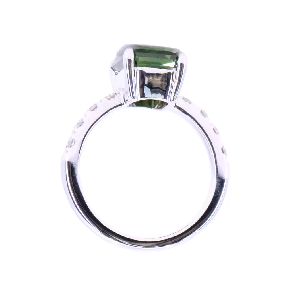 4.26ct Madagascar Radiant Cut Green Sapphire Solitaire Ring with French Set Diamonds in 18k White Gold