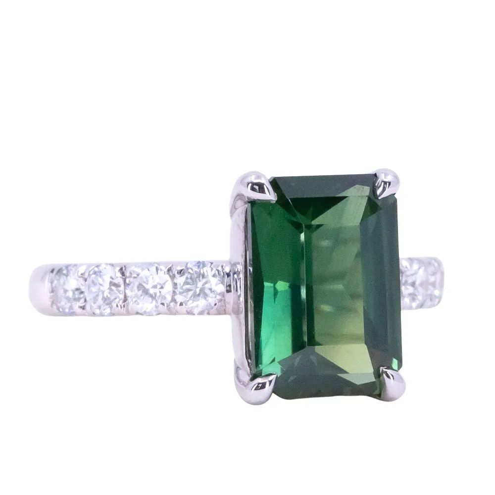 4.26ct Madagascar Radiant Cut Green Sapphire Solitaire Ring with French Set Diamonds in 18k White Gold