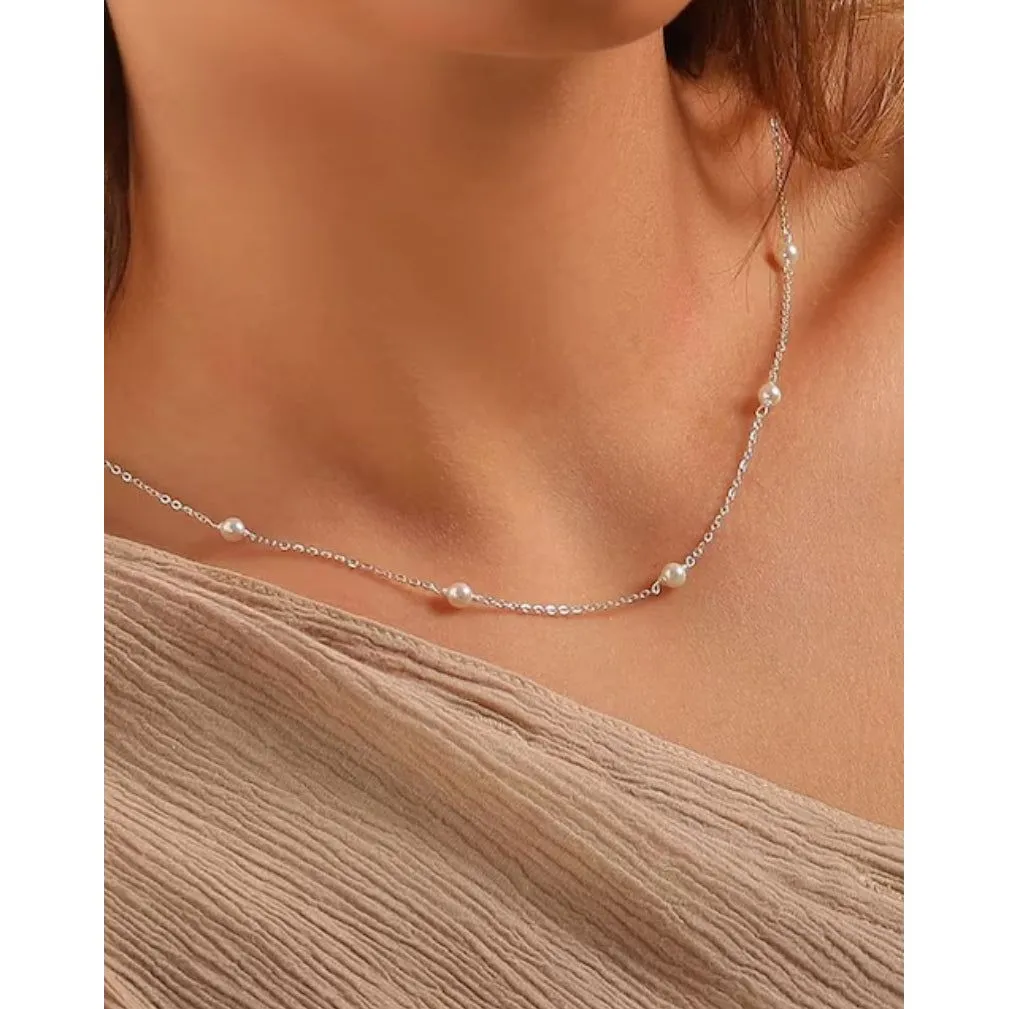 Addie Dainty Pearl Beaded Silver Necklace