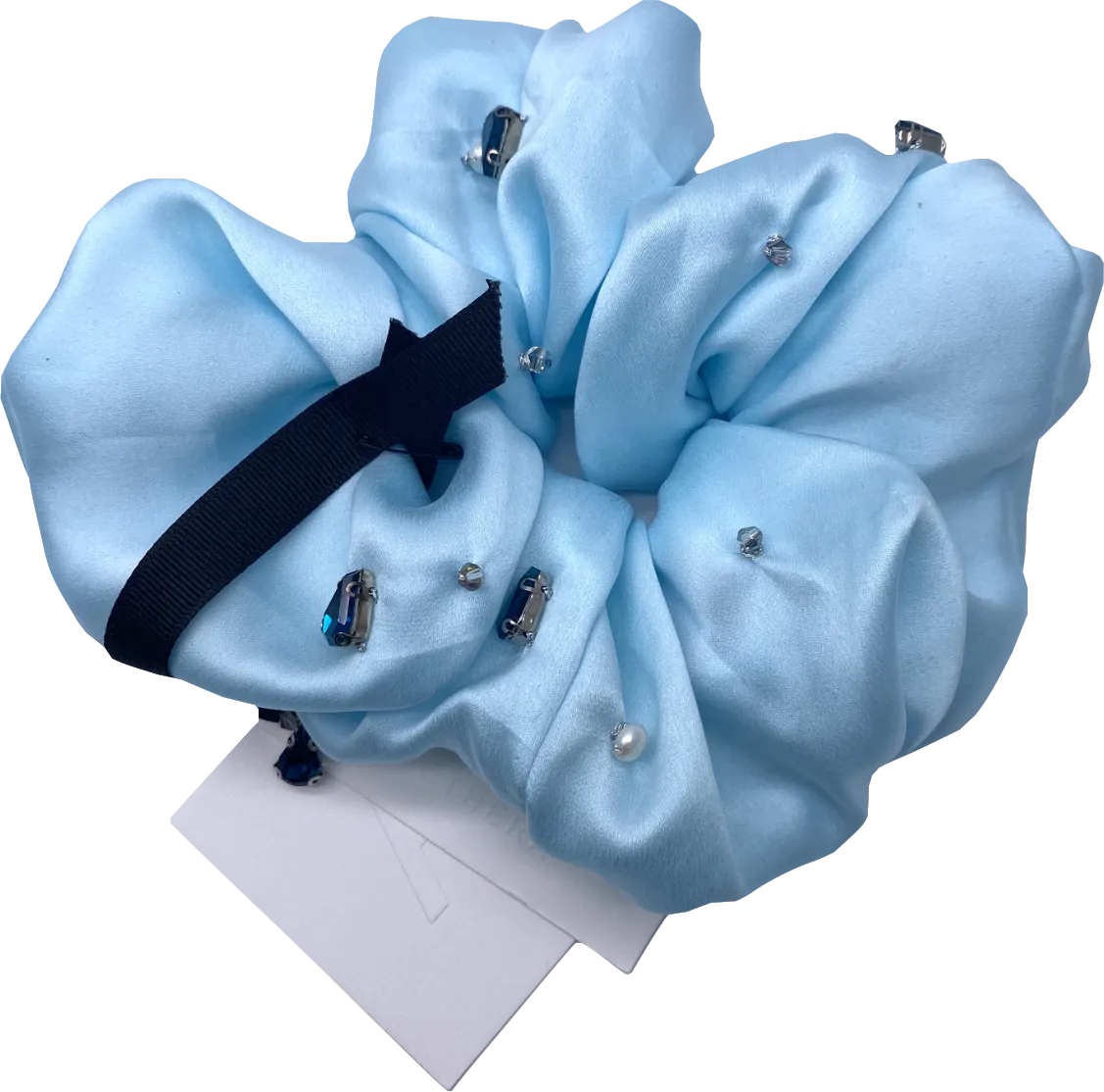 aethera Blue Silk Harlow Embellished Scrunchie One Size