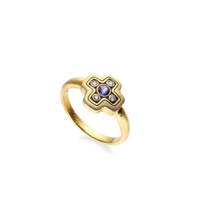 ALEX SEPKUS 18K YELLOW GOLD 'LITTLE CROSS' SAPPHIRE AND DIAMOND RING