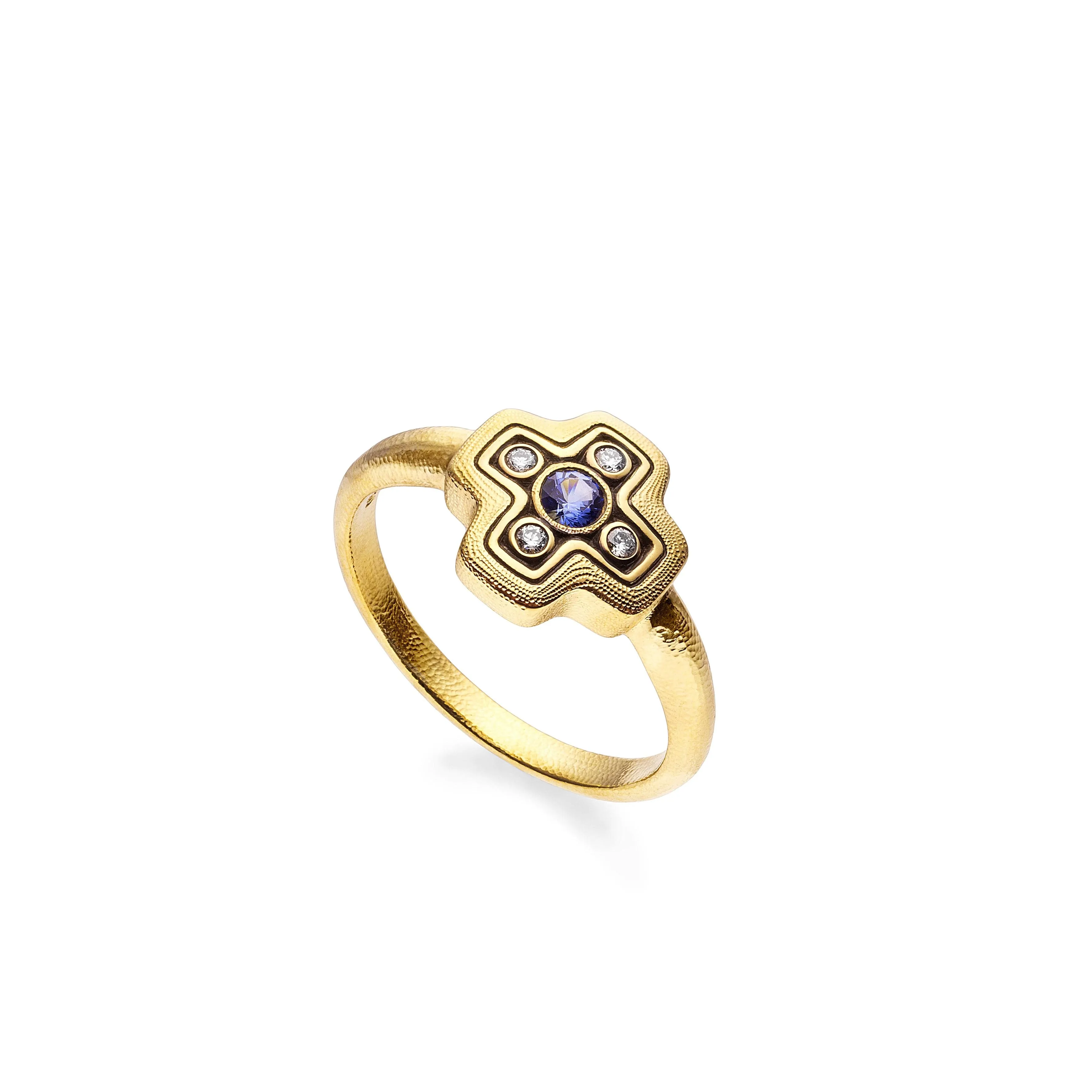 ALEX SEPKUS 18K YELLOW GOLD 'LITTLE CROSS' SAPPHIRE AND DIAMOND RING