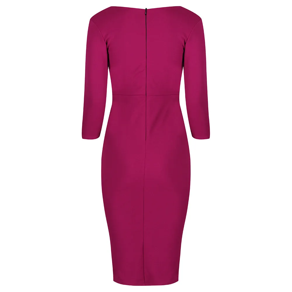 Amaranth 3/4 Sleeve Empire Waist Waterfall Ruffle Wiggle Pencil Dress