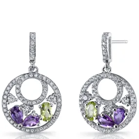 Amethyst and Peridot Dangle Earrings in Sterling Silver, Designer Double Hoop Drops, 1.50 Carats total, Friction Backs