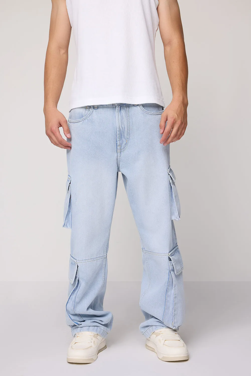 Arctic Sky Blue Men's Straight Utility Cargo Jeans