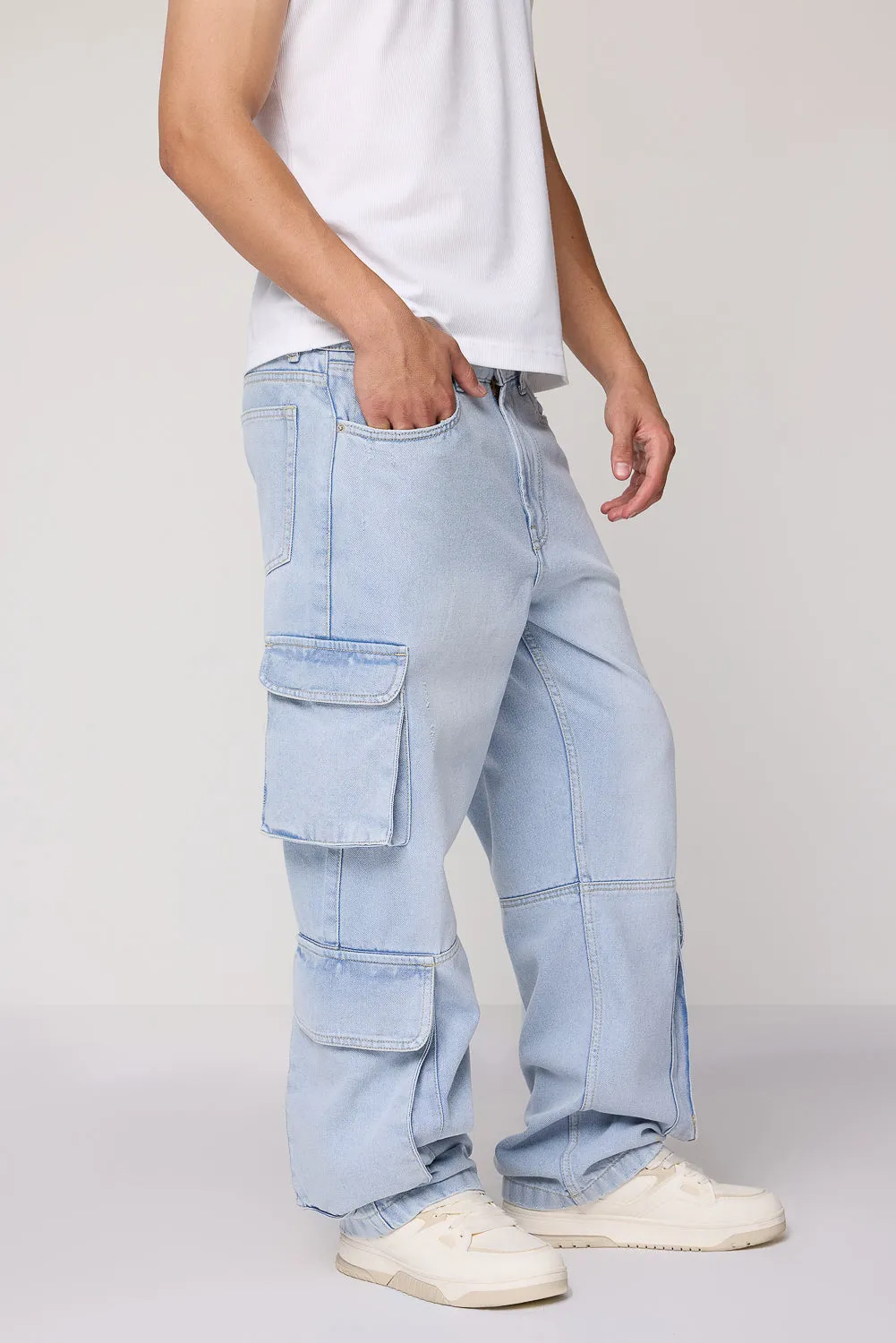 Arctic Sky Blue Men's Straight Utility Cargo Jeans