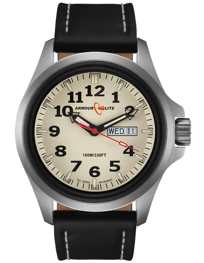 ArmourLite Mens Officer Series Watch - Black Leather Strap - Day/Date - 100m