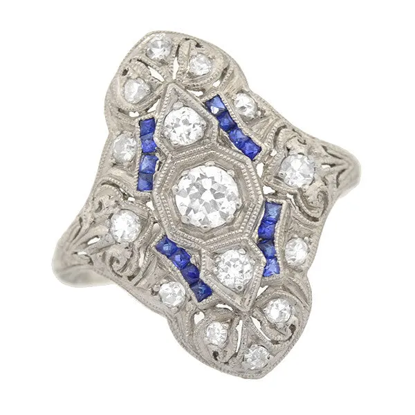 Art Deco Platinum Diamond & Sapphire Elongated Filigree Ring