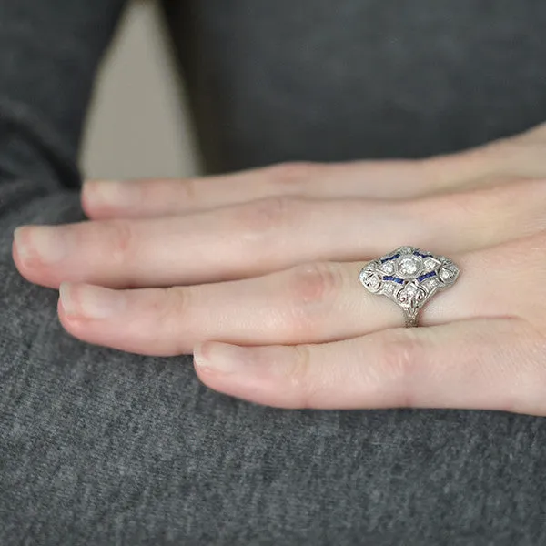 Art Deco Platinum Diamond & Sapphire Elongated Filigree Ring