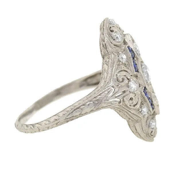 Art Deco Platinum Diamond & Sapphire Elongated Filigree Ring