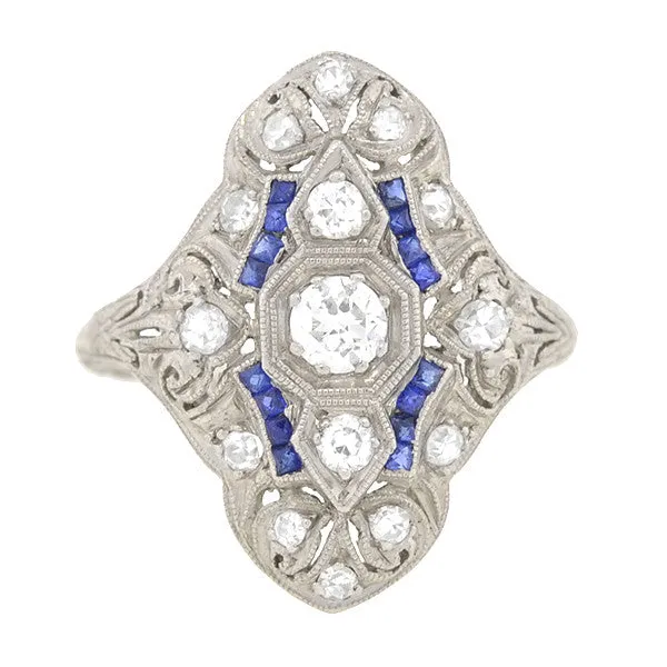 Art Deco Platinum Diamond & Sapphire Elongated Filigree Ring