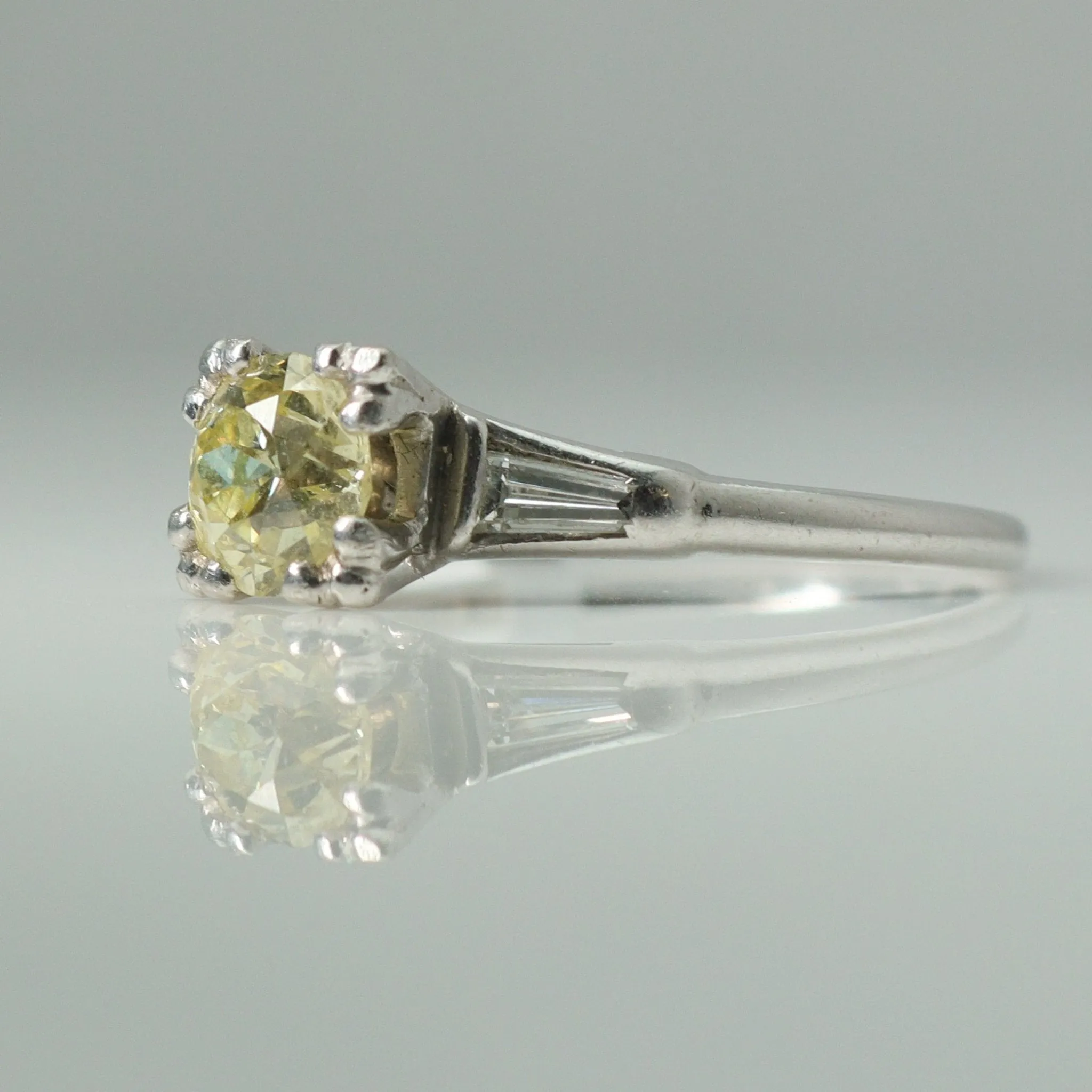 Art Deco Platinum Fancy Yellow 1.20 carat Square set Diamond Engagement Ring