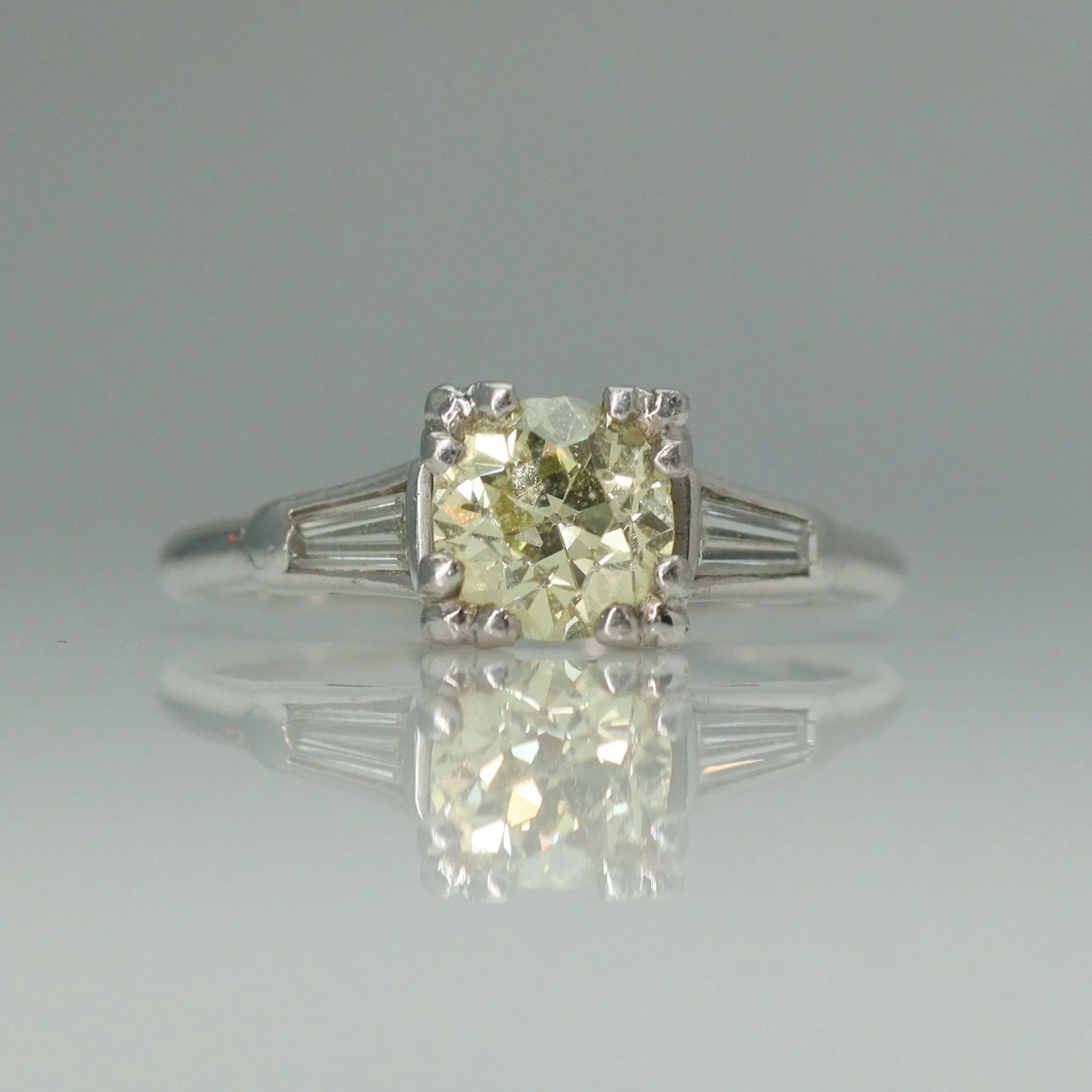 Art Deco Platinum Fancy Yellow 1.20 carat Square set Diamond Engagement Ring