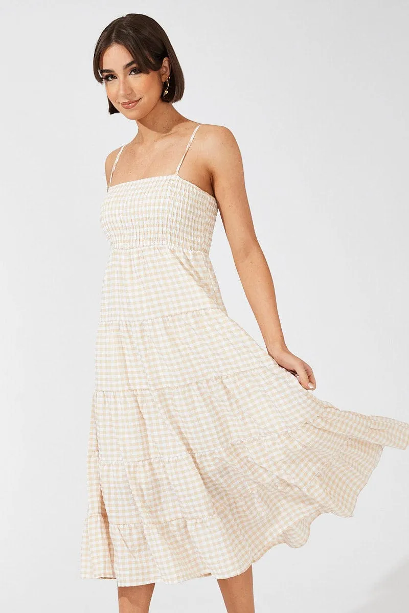 Beige Check Midi Dress Sleeveless Shirred