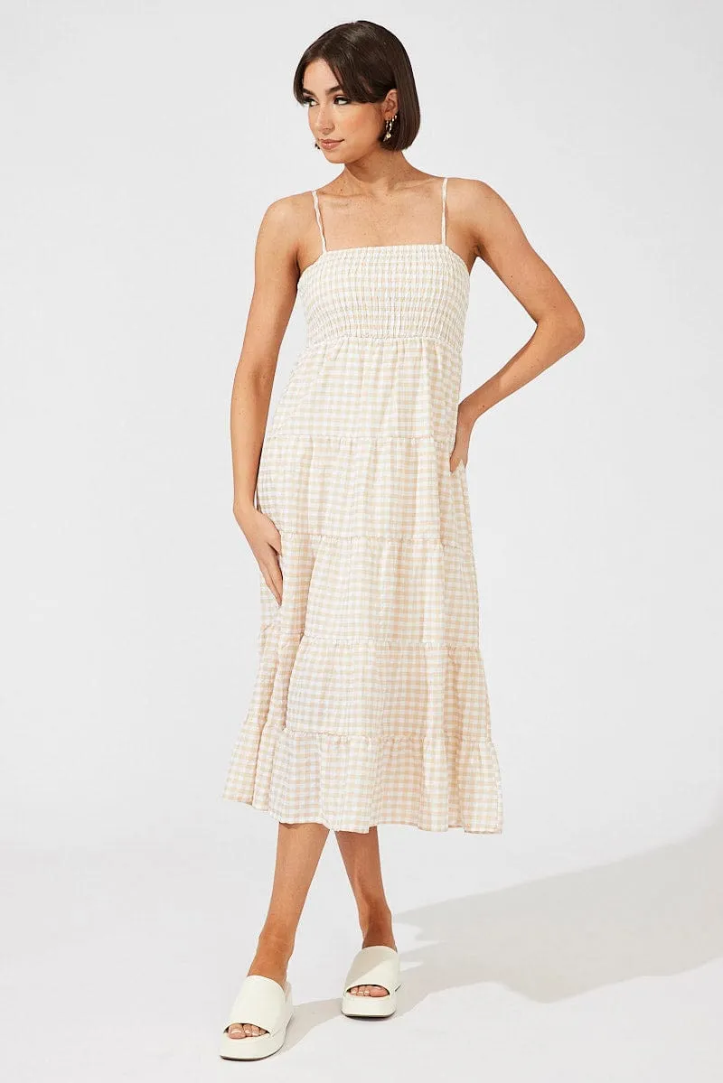 Beige Check Midi Dress Sleeveless Shirred