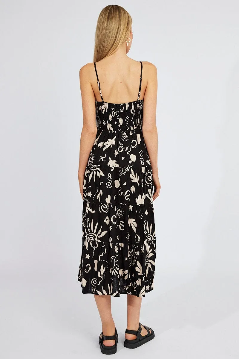 Black Abstract Maxi Dress Tiered Strappy