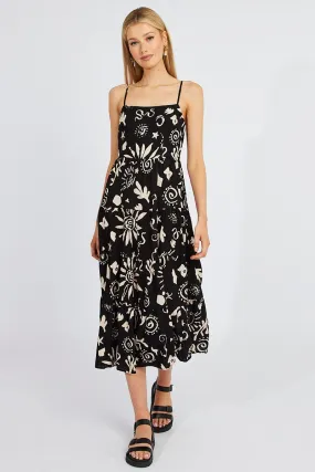 Black Abstract Maxi Dress Tiered Strappy