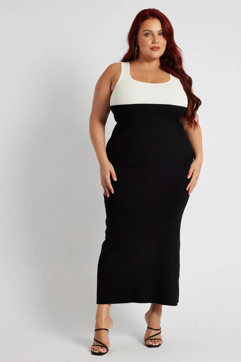 Black Colourblock Knit Midi Dress