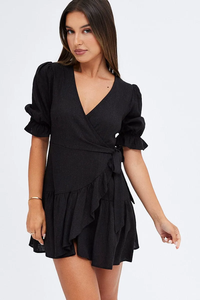 Black Fit And Flare Dress Puff Sleeve Linen Blend