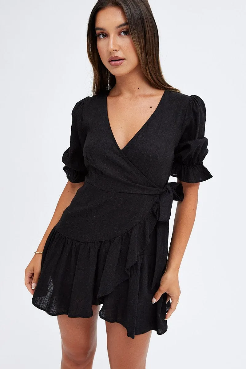 Black Fit And Flare Dress Puff Sleeve Linen Blend