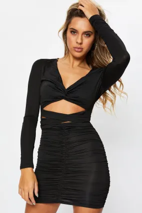 Black Twist Front Ruched Bodycon Dress