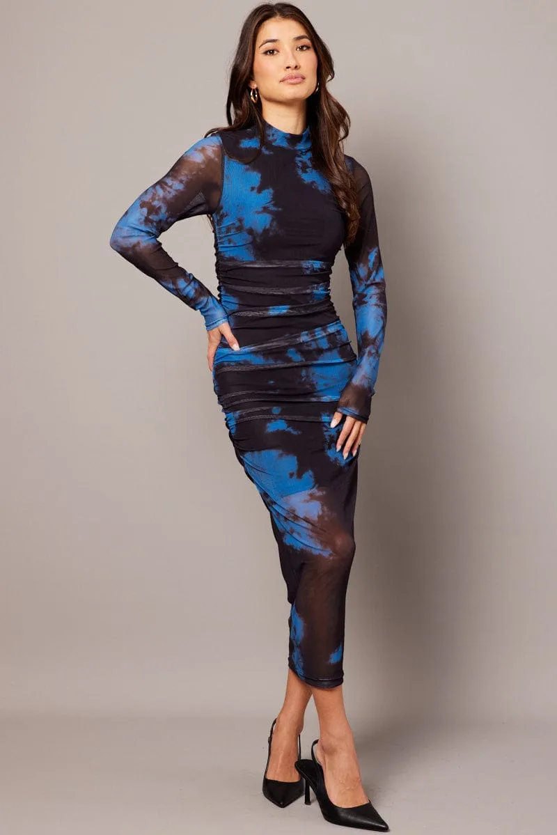 Blue Abstract Bodycon Dress Long Sleeve Mesh