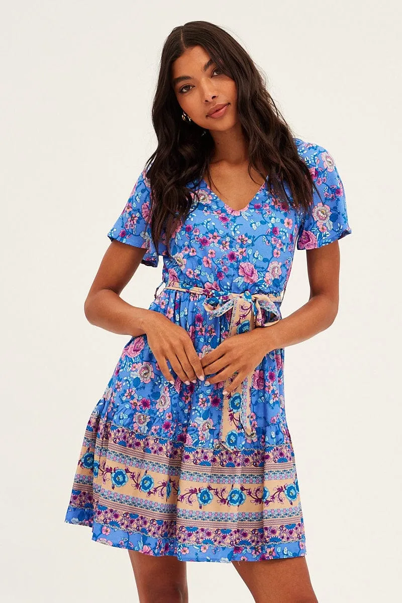 Blue Boho Boho Textuerd Skater Dress