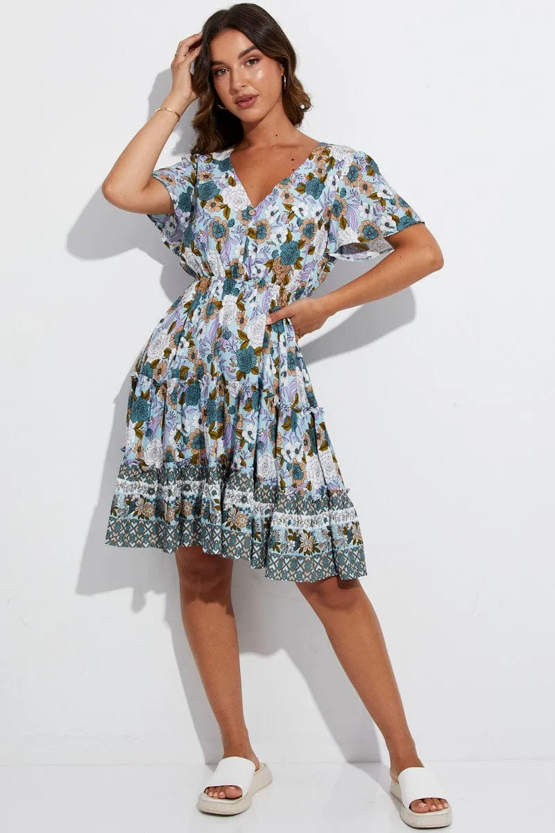 Blue Boho Fit And Flare Dress Short Sleeve Mini V-Neck